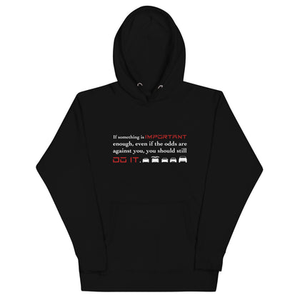 Tesla inspired apparel. Elon Musk quote. Against All Odds image centered on black hoodie.