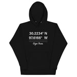 Tesla inspired apparel. Texas Gigafactory GPS coordinates. Birthplace Texas image centered on hoodie.