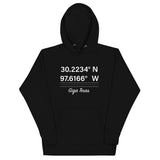 Tesla inspired apparel. Texas Gigafactory GPS coordinates. Birthplace Texas image centered on hoodie.