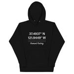 Tesla inspired apparel. Fremont Gigafactory GPS coordinates. Birthplace Fremont image centered on hoodie.