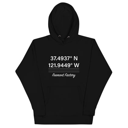 Tesla inspired apparel. Fremont Gigafactory GPS coordinates. Birthplace Fremont image centered on hoodie.