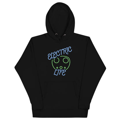 Tesla inspired apparel. EV car charger. Electric Life image centered on hoodie.