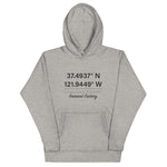 Tesla inspired apparel. Fremont Gigafactory GPS coordinates. Birthplace Fremont image centered on hoodie.