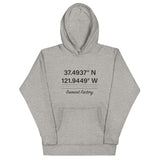 Tesla inspired apparel. Fremont Gigafactory GPS coordinates. Birthplace Fremont image centered on hoodie.