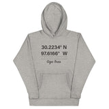 Tesla inspired apparel. Texas Gigafactory GPS coordinates. Birthplace Texas image centered on hoodie.