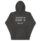 Tesla inspired apparel. Texas Gigafactory GPS coordinates. Birthplace Texas image centered on hoodie.