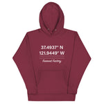 Tesla inspired apparel. Fremont Gigafactory GPS coordinates. Birthplace Fremont image centered on hoodie.