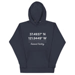 Tesla inspired apparel. Fremont Gigafactory GPS coordinates. Birthplace Fremont image centered on hoodie.