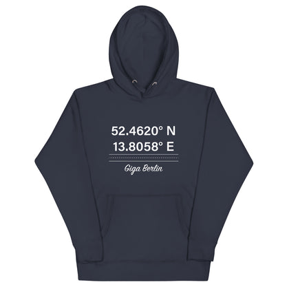 Tesla inspired apparel. Berlin Gigafactory GPS coordinates. Birthplace Berlin image centered on hoodie.