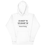 Tesla inspired apparel. Fremont Gigafactory GPS coordinates. Birthplace Fremont image centered on hoodie.