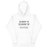 Tesla inspired apparel. Fremont Gigafactory GPS coordinates. Birthplace Fremont image centered on hoodie.