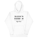 Tesla inspired apparel. Texas Gigafactory GPS coordinates. Birthplace Texas image centered on hoodie.