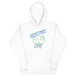 Tesla inspired apparel. EV car charger. Electric Life image centered on hoodie.