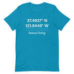 Tesla inspired apparel. Fremont Gigafactory GPS coordinates. Birthplace Fremont image centered on t-shirt.