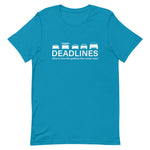 Tesla inspired apparel.  Elon Musk missing deadlines since day one. Deadlines image centered on t-shirt.