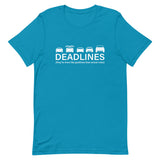 Tesla inspired apparel.  Elon Musk missing deadlines since day one. Deadlines image centered on t-shirt.