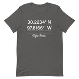 Tesla inspired apparel. Texas Gigafactory GPS coordinates. Birthplace Texas image centered on t-shirt.