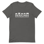 Tesla inspired apparel.  Elon Musk missing deadlines since day one. Deadlines image centered on t-shirt.