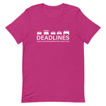 Tesla inspired apparel.  Elon Musk missing deadlines since day one. Deadlines image centered on t-shirt.