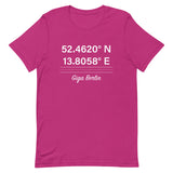 Tesla inspired apparel. Berlin Gigafactory GPS coordinates. Birthplace Berlin image centered on t-shirt.