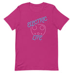 Tesla inspired apparel. EV car charger. Electric Life image centered on t-shirt.