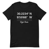 Tesla inspired apparel. Texas Gigafactory GPS coordinates. Birthplace Texas image centered on t-shirt.