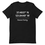 Tesla inspired apparel. Fremont Gigafactory GPS coordinates. Birthplace Fremont image centered on t-shirt.