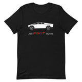 Tesla inspired apparel. Elon Musk quote. Cybertruck. Just Fix It In Post image centered on t-shirt.