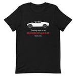 Tesla inspired apparel. Cybertruck. Apocalypse Near You image centered on t-shirt.