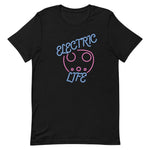 Tesla inspired apparel. EV car charger. Electric Life image centered on t-shirt.