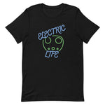 Tesla inspired apparel. EV car charger. Electric Life image centered on t-shirt.