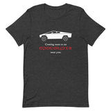 Tesla inspired apparel. Cybertruck. Apocalypse Near You image centered on t-shirt.