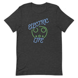 Tesla inspired apparel. EV car charger. Electric Life image centered on t-shirt.