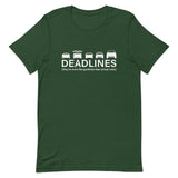 Tesla inspired apparel.  Elon Musk missing deadlines since day one. Deadlines image centered on t-shirt.