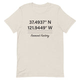 Tesla inspired apparel. Fremont Gigafactory GPS coordinates. Birthplace Fremont image centered on t-shirt.