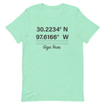 Tesla inspired apparel. Texas Gigafactory GPS coordinates. Birthplace Texas image centered on t-shirt.