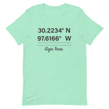 Tesla inspired apparel. Texas Gigafactory GPS coordinates. Birthplace Texas image centered on t-shirt.