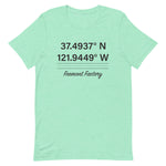 Tesla inspired apparel. Fremont Gigafactory GPS coordinates. Birthplace Fremont image centered on t-shirt.