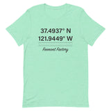 Tesla inspired apparel. Fremont Gigafactory GPS coordinates. Birthplace Fremont image centered on t-shirt.