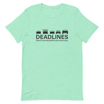 Tesla inspired apparel.  Elon Musk missing deadlines since day one. Deadlines image centered on t-shirt.