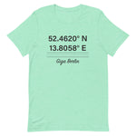 Tesla inspired apparel. Berlin Gigafactory GPS coordinates. Birthplace Berlin image centered on t-shirt.