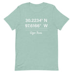 Tesla inspired apparel. Texas Gigafactory GPS coordinates. Birthplace Texas image centered on t-shirt.