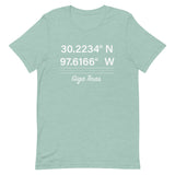 Tesla inspired apparel. Texas Gigafactory GPS coordinates. Birthplace Texas image centered on t-shirt.