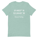 Tesla inspired apparel. Fremont Gigafactory GPS coordinates. Birthplace Fremont image centered on t-shirt.