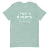 Tesla inspired apparel. Fremont Gigafactory GPS coordinates. Birthplace Fremont image centered on t-shirt.