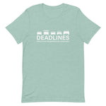 Tesla inspired apparel.  Elon Musk missing deadlines since day one. Deadlines image centered on t-shirt.