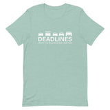 Tesla inspired apparel.  Elon Musk missing deadlines since day one. Deadlines image centered on t-shirt.