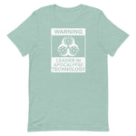 Tesla inspired apparel. Elon Musk quote. Cybertruck. Leader In Apocalypse Technology image centered on t-shirt.