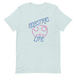 Tesla inspired apparel. EV car charger. Electric Life image centered on t-shirt.