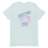 Tesla inspired apparel. EV car charger. Electric Life image centered on t-shirt.